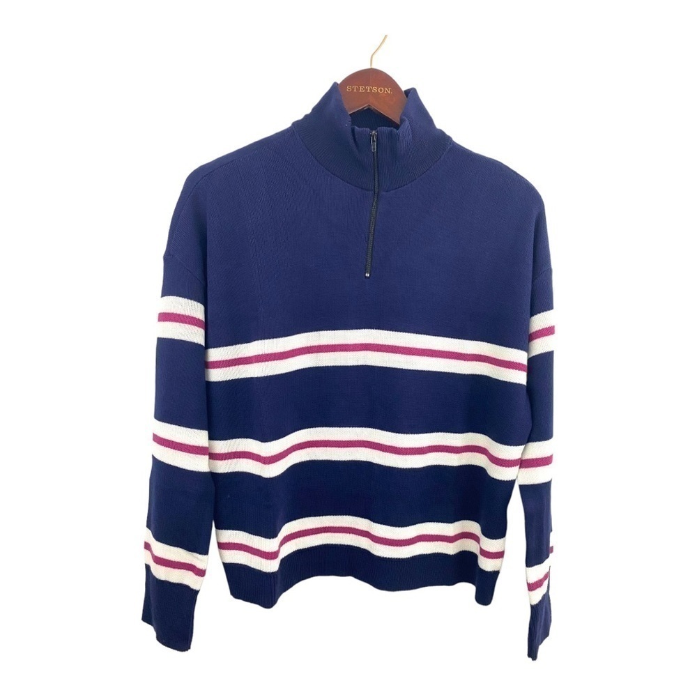 𝅺bp. Sweater Medium Womens Navy Half Zip Mock Neck Navy Pink White Stripe NWT